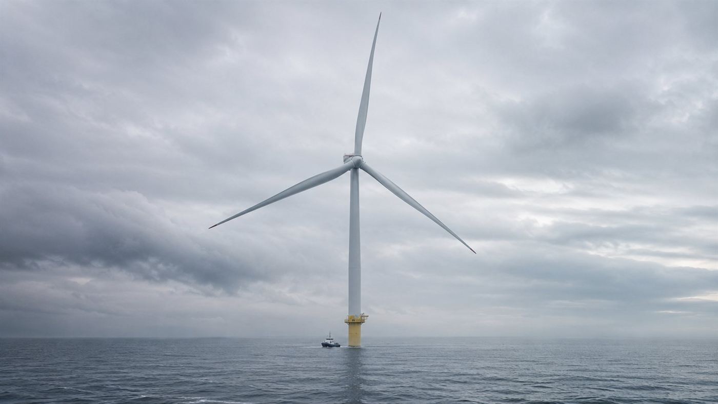 A colossal offshore wind turbine rising nearly 200 metres above a grey sea, its three enormous blades dwarfing a service vessel beside the tower