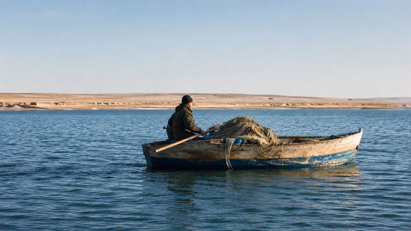 A small fishing boat back on the blue water of the restored North Aral Sea with a low desert shoreline behind it under a wide sky