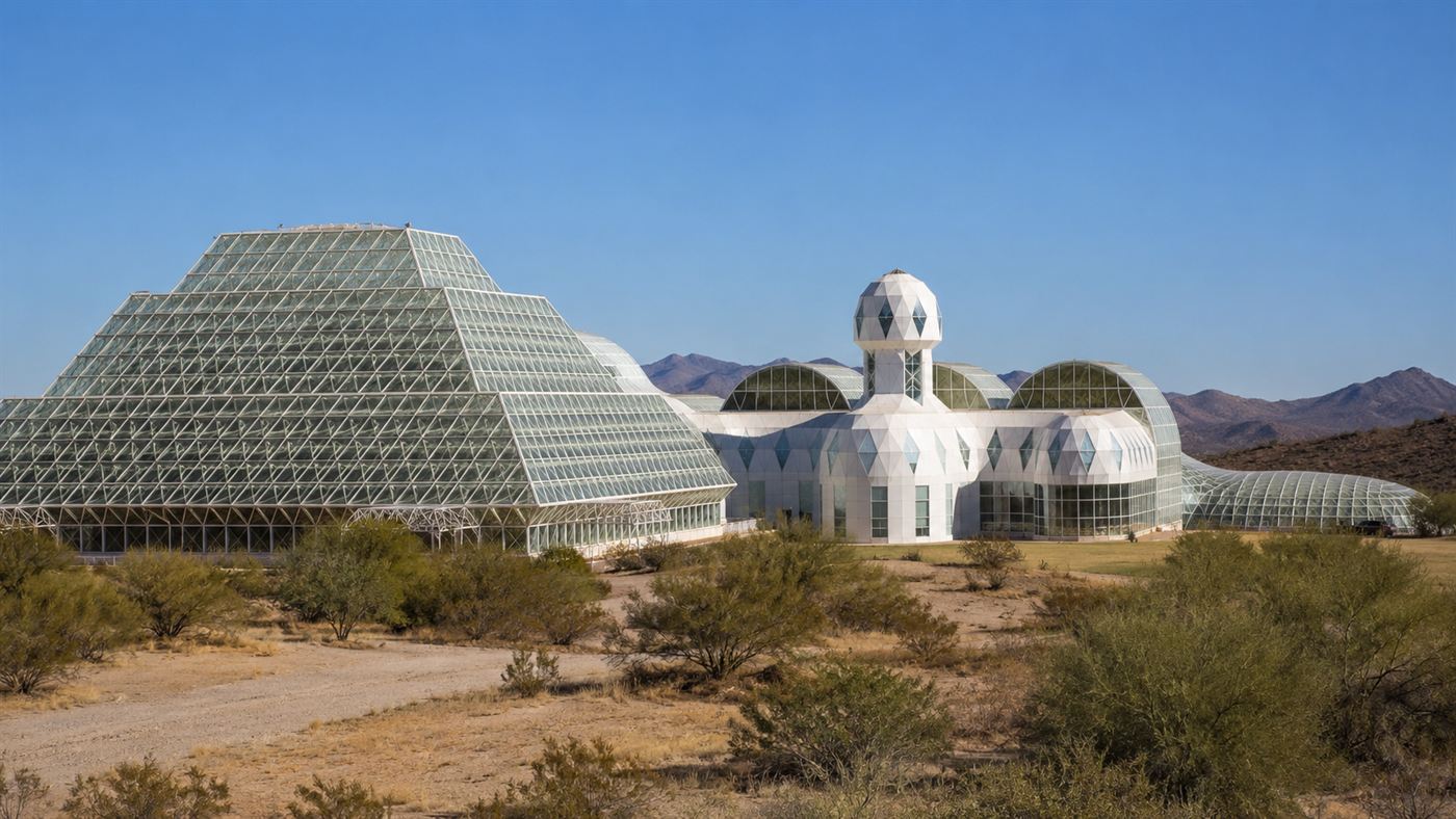 A huge futuristic glass and white-steel structure of domes and stepped pyramids sitting in the Arizona desert under a clear blue sky, the Biosphere 2 building