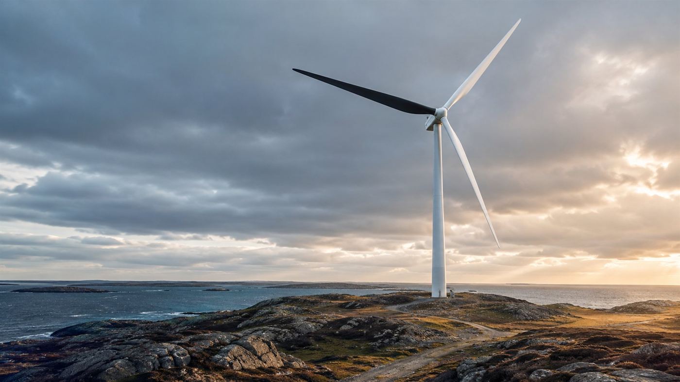 A wind turbine on a rocky Norwegian island with one of its three blades painted solid black against a pale sky