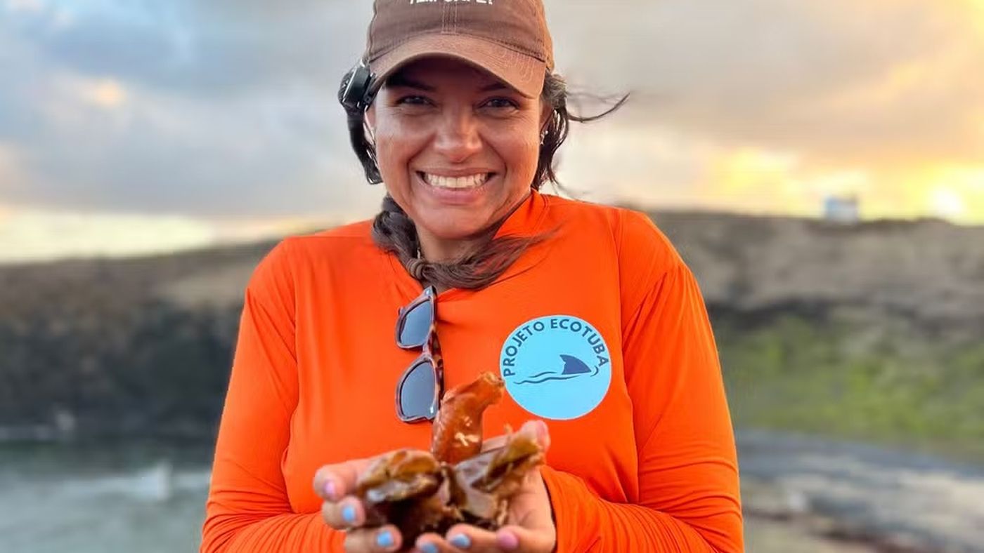 A pesquisadora Mariana Rêgo, do projeto Ecotuba, sorri e segura nas mãos bolsas de sereia de tubarão-lixa, à beira-mar