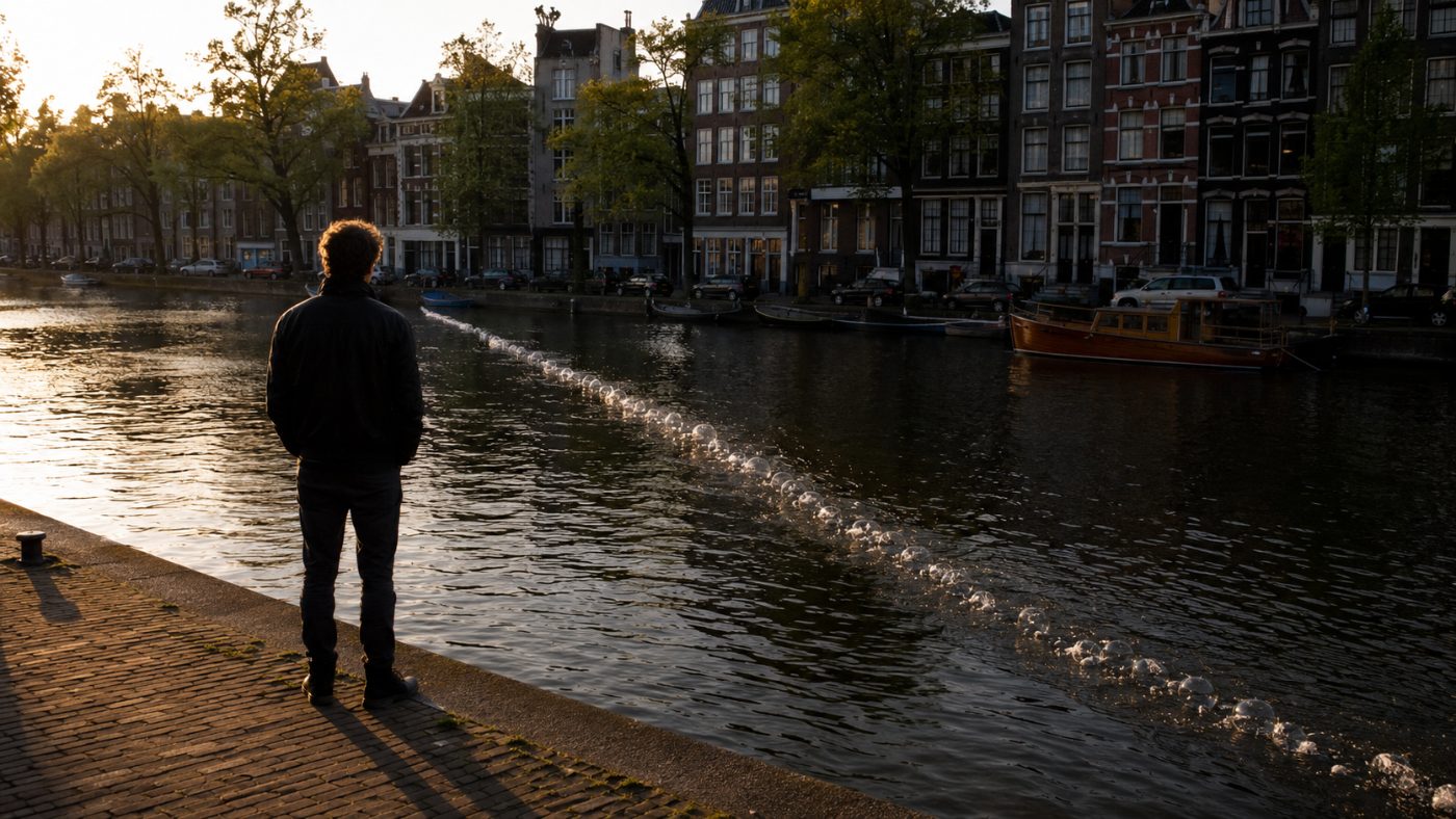 A line of air bubbles rising in a diagonal across an Amsterdam canal at golden hour, a person watching from the brick quayside with historic Dutch houses behind