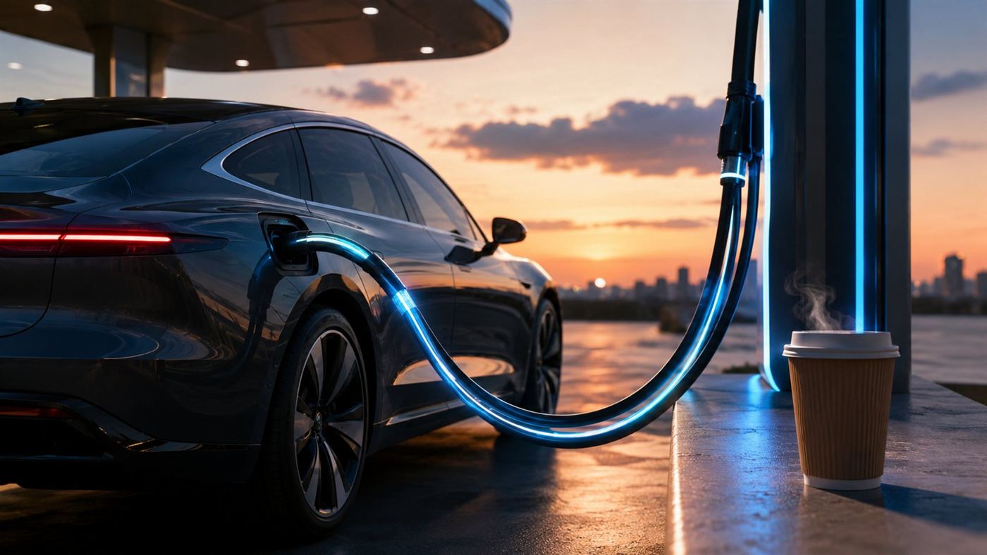 A sleek electric sedan plugged into a sleek liquid-cooled fast charger while a coffee cup sits on a nearby ledge