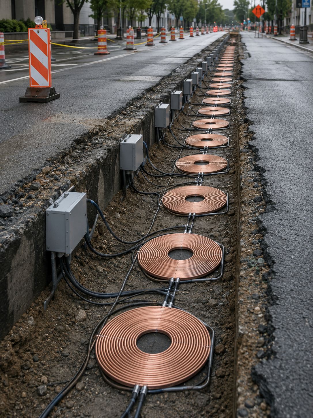 Rows of copper charging coils laid into a trench in a road during construction before the asphalt is poured over them