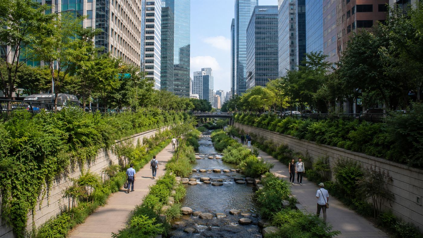 A sunken stream park in central Seoul with clear water, stepping stones, greenery and walkways below tall city skyscrapers, people strolling along the banks