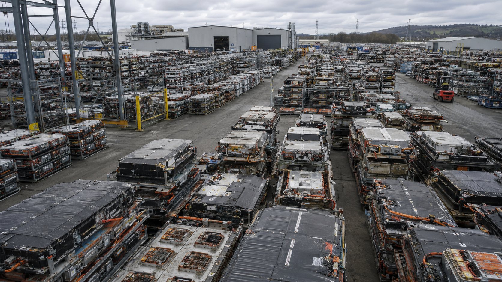 A yard stacked with used EV battery packs at a recycling facility