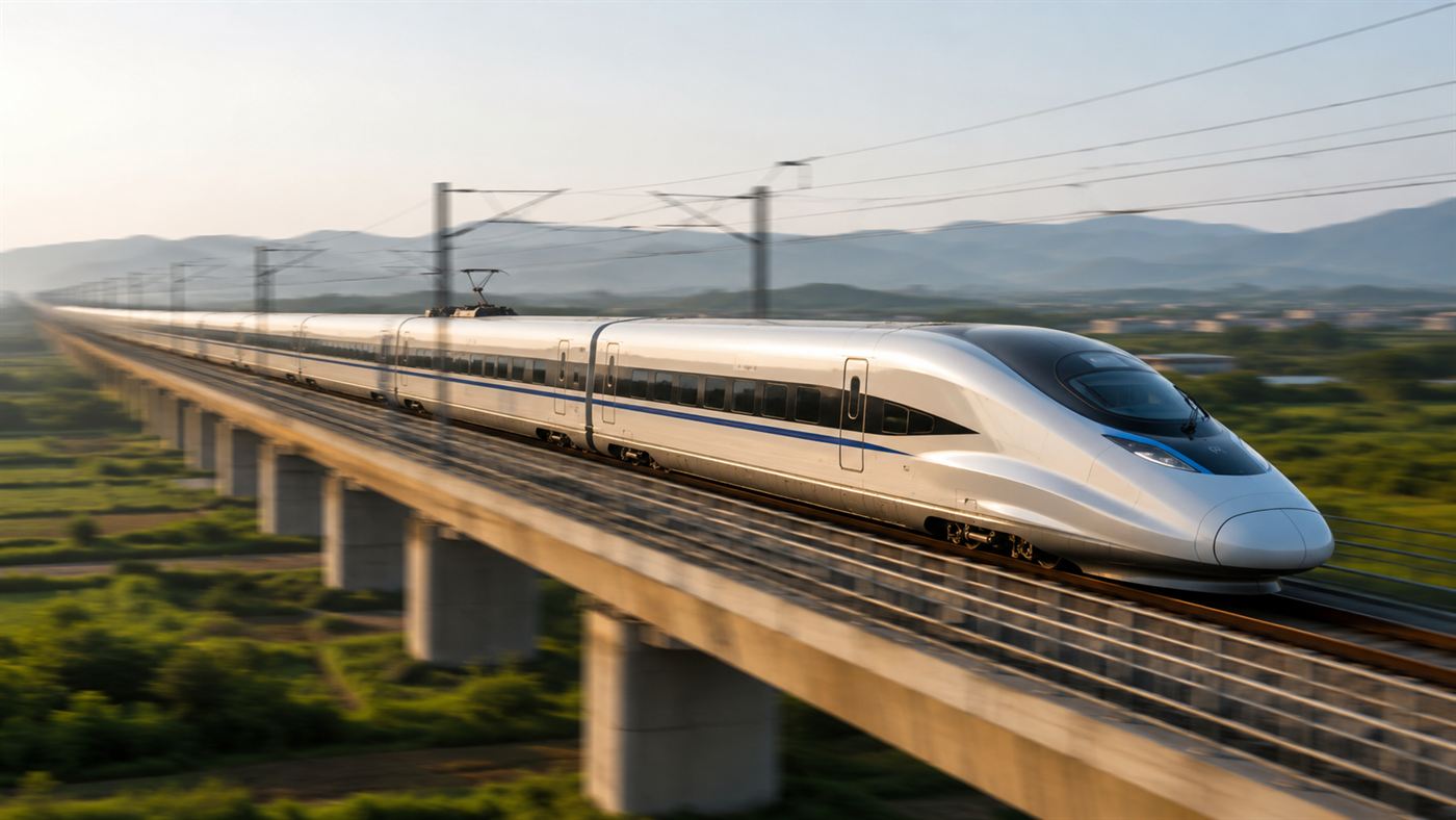 A sleek white and silver high-speed bullet train with a long pointed nose racing along an elevated railway through green countryside