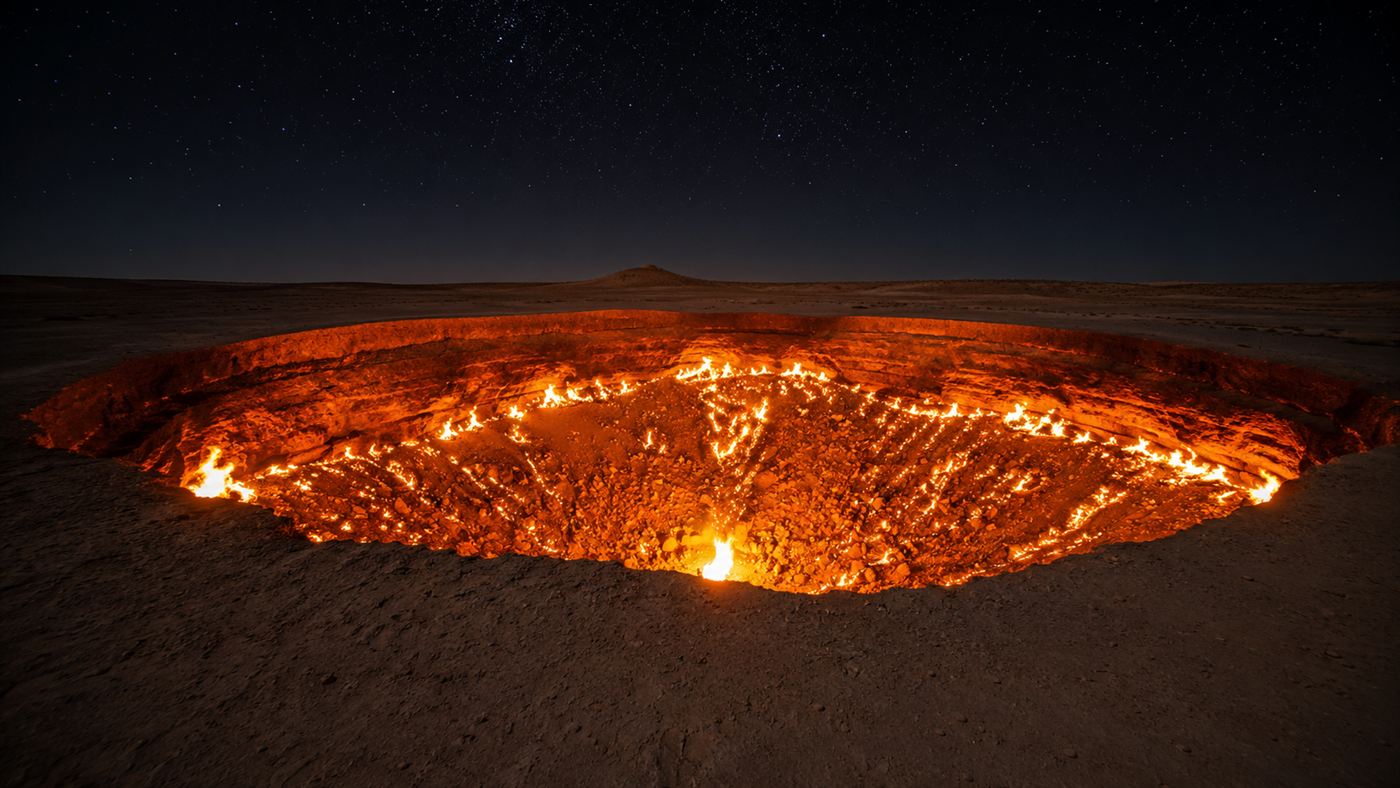 A huge circular crater in a flat desert at night filled with burning orange flames under a dark starry sky, the Darvaza gas crater in Turkmenistan