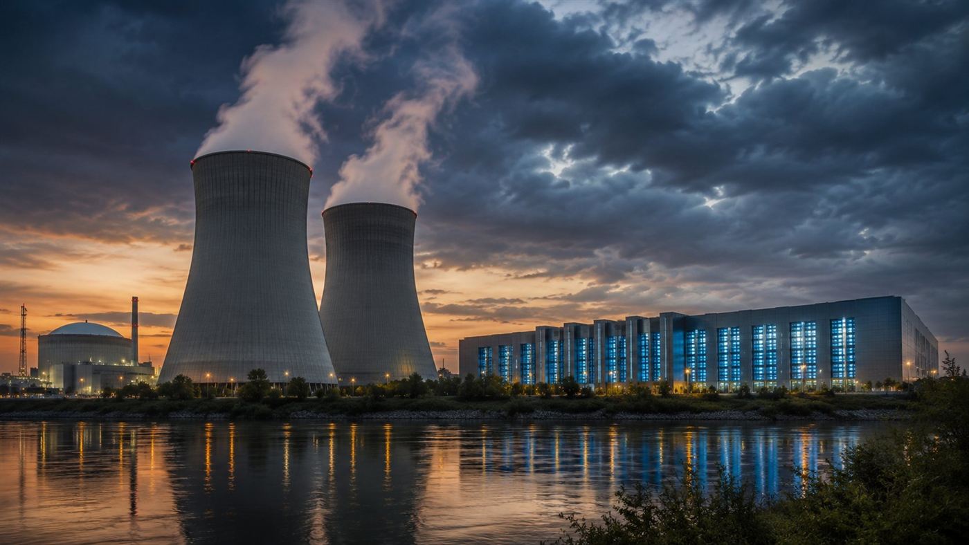 A nuclear power plant with twin cooling towers beside a vast modern data center building under a dramatic sky