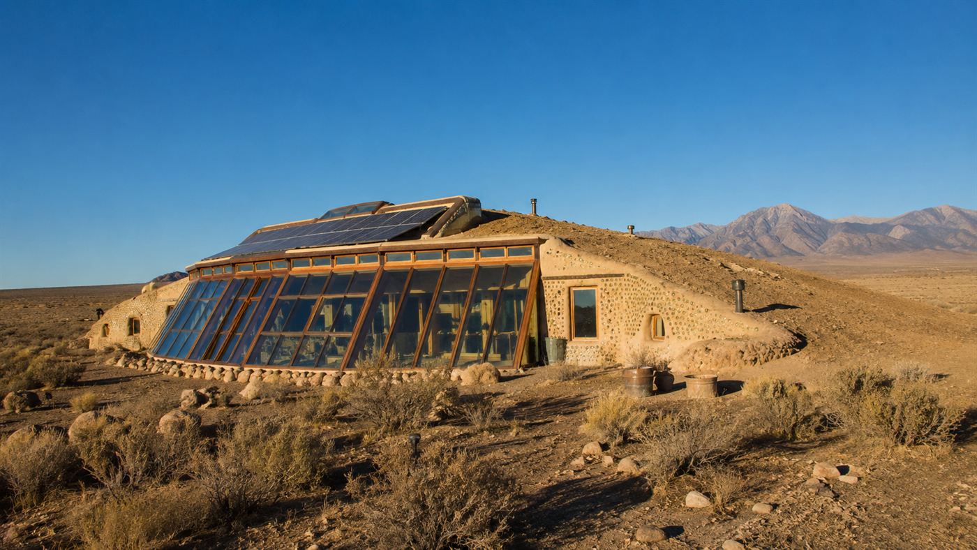 A curved off-grid Earthship home set into an earth berm in the New Mexico high desert, with a long sloping wall of south-facing glass