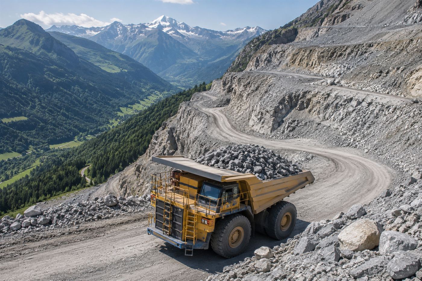 A huge yellow electric mining dump truck loaded with rock descending a quarry road in the Swiss mountains