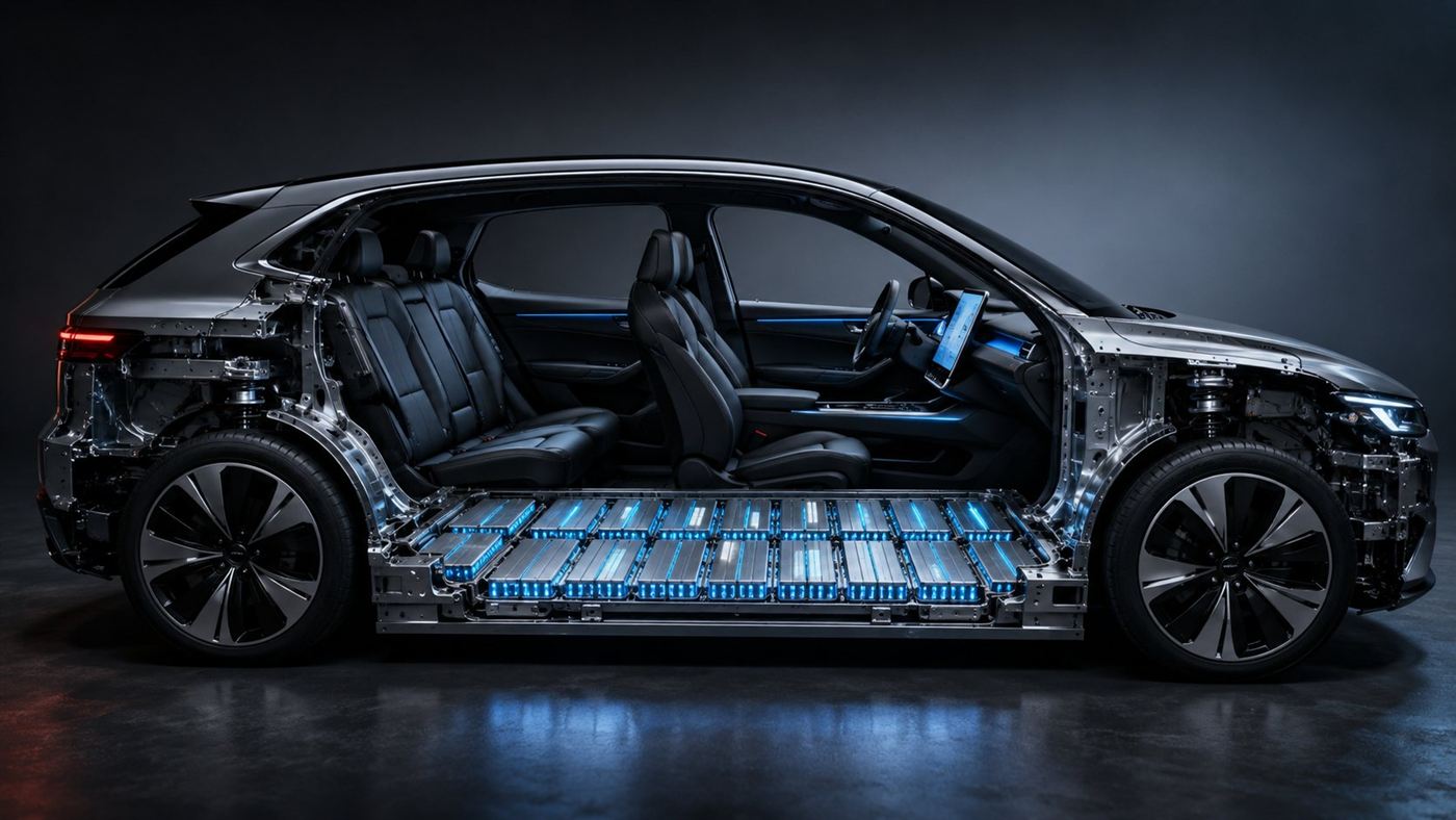 A cutaway view of an electric car floor showing the flat lithium-ion battery pack with rows of cells under the cabin