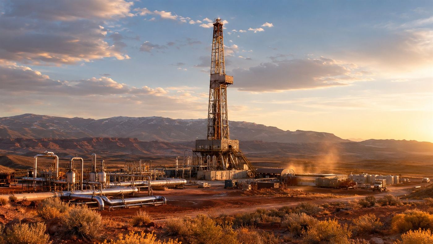 A geothermal drilling site in the Utah high desert at golden hour, with a tall drilling rig and pipework against red rock and distant mountains