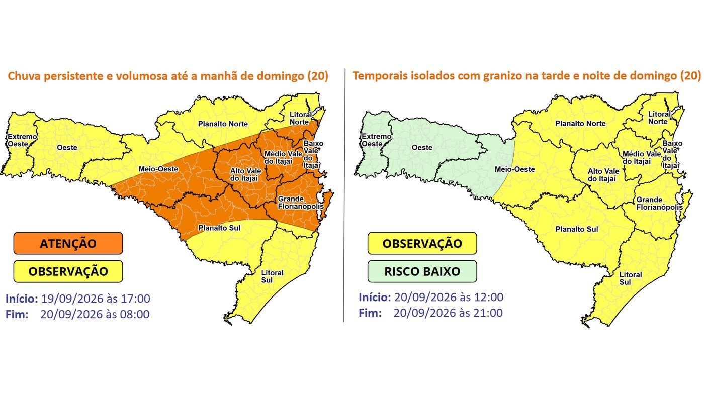 Dois mapas da Defesa Civil de Santa Catarina: atenção em laranja para chuva persistente até a manhã de domingo, 20 de setembro de 2026, e observação para temporais isolados com granizo na tarde e noite de domingo