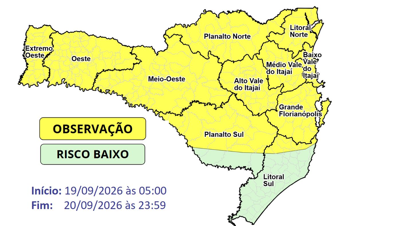 Mapa de Santa Catarina da Defesa Civil com o estado quase todo em amarelo, nível de observação para chuva intensa e temporais de 19 a 20 de setembro de 2026, no fim de semana coberto pelo alerta de tempestade