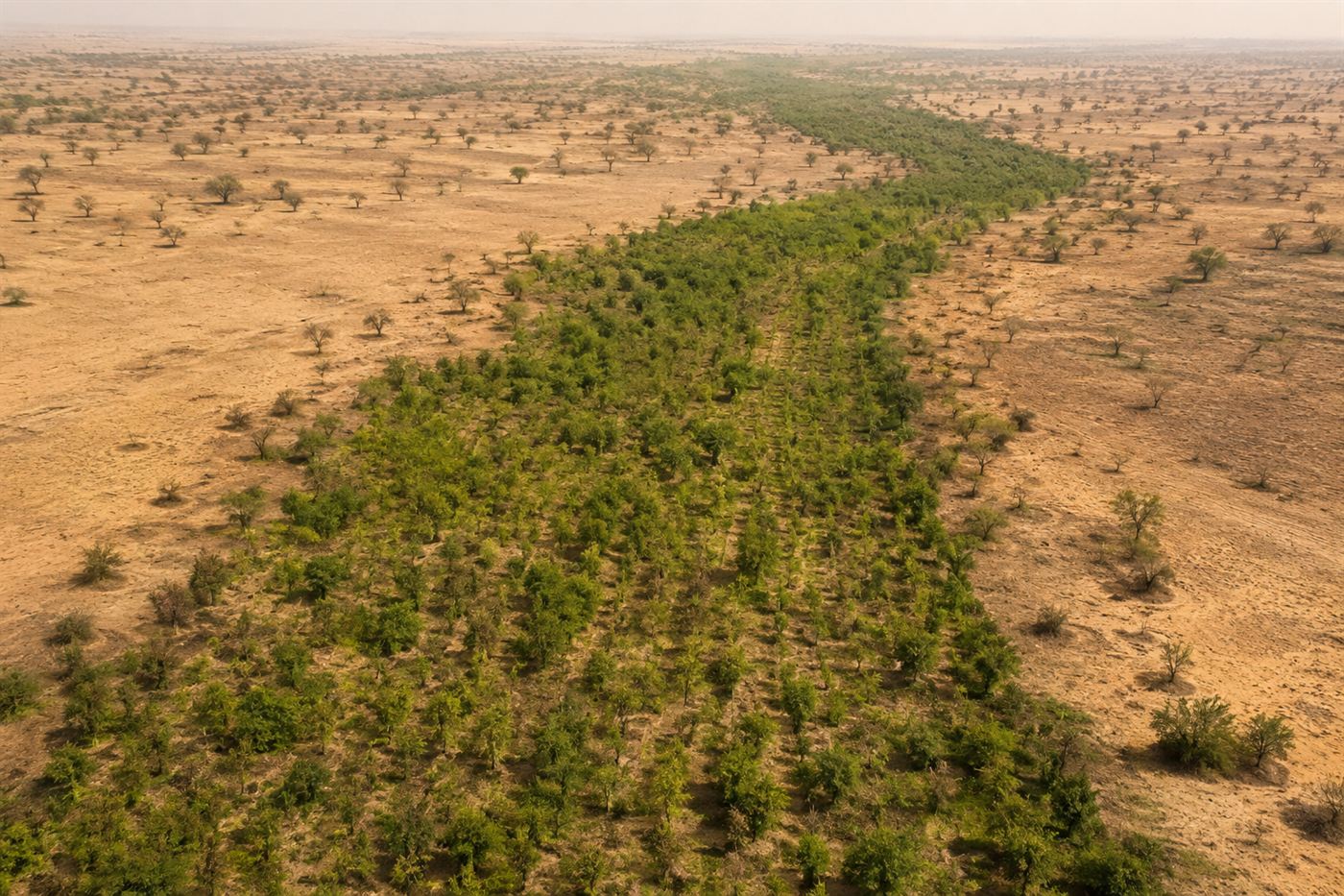 An aerial view of a green belt of young trees cutting across dry tan-coloured semi-desert land in the African Sahel