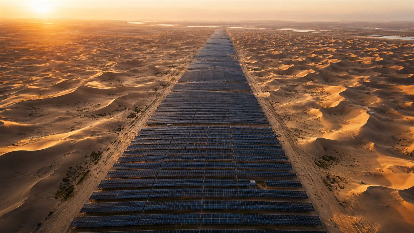A vast belt of dark blue solar panels stretching in a long straight corridor across golden sand dunes in the Kubuqi Desert at sunrise