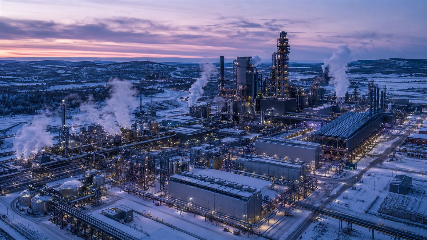 A vast modern steel factory with tall towers and large hydrogen electrolyser buildings in a snowy northern Swedish landscape at dusk, white steam rising