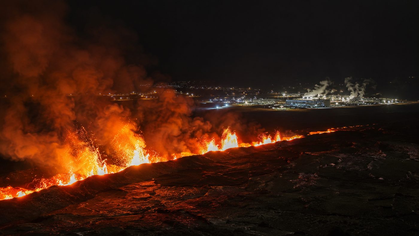 A bright orange volcanic fissure erupting fountains of lava across a dark Icelandic landscape at night, with the lights of a town and a power plant glowing in the distance