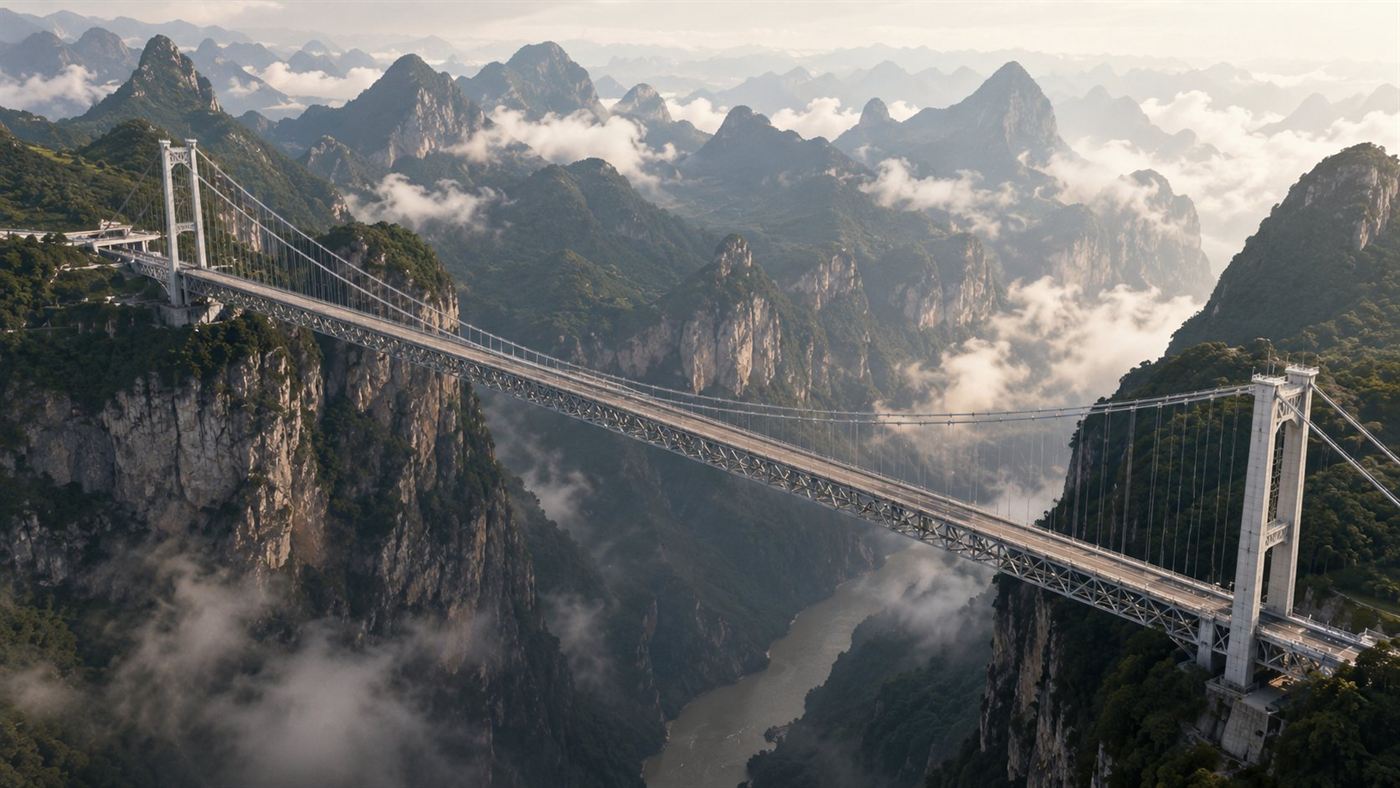 An aerial view of a steel suspension bridge spanning a wide misty gorge in mountainous terrain, with green peaks rolling into the distance