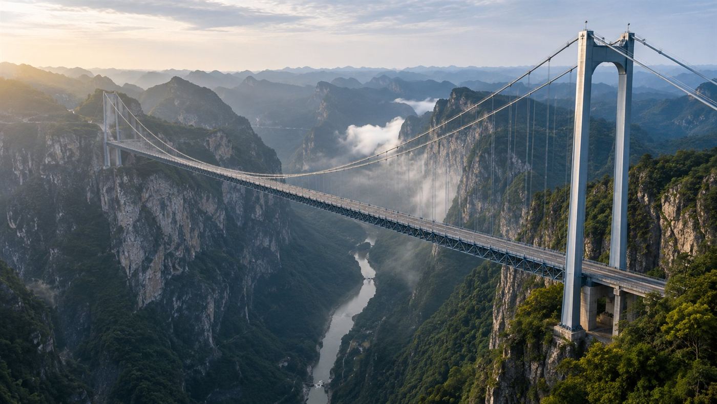 A vast suspension bridge stretching across a deep green canyon, its deck hanging hundreds of meters above a thin river far below