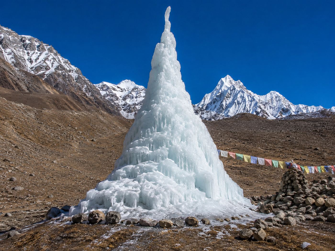 A tall conical tower of ice standing in a barren high-altitude Himalayan valley with snow-capped peaks and a deep blue sky behind it