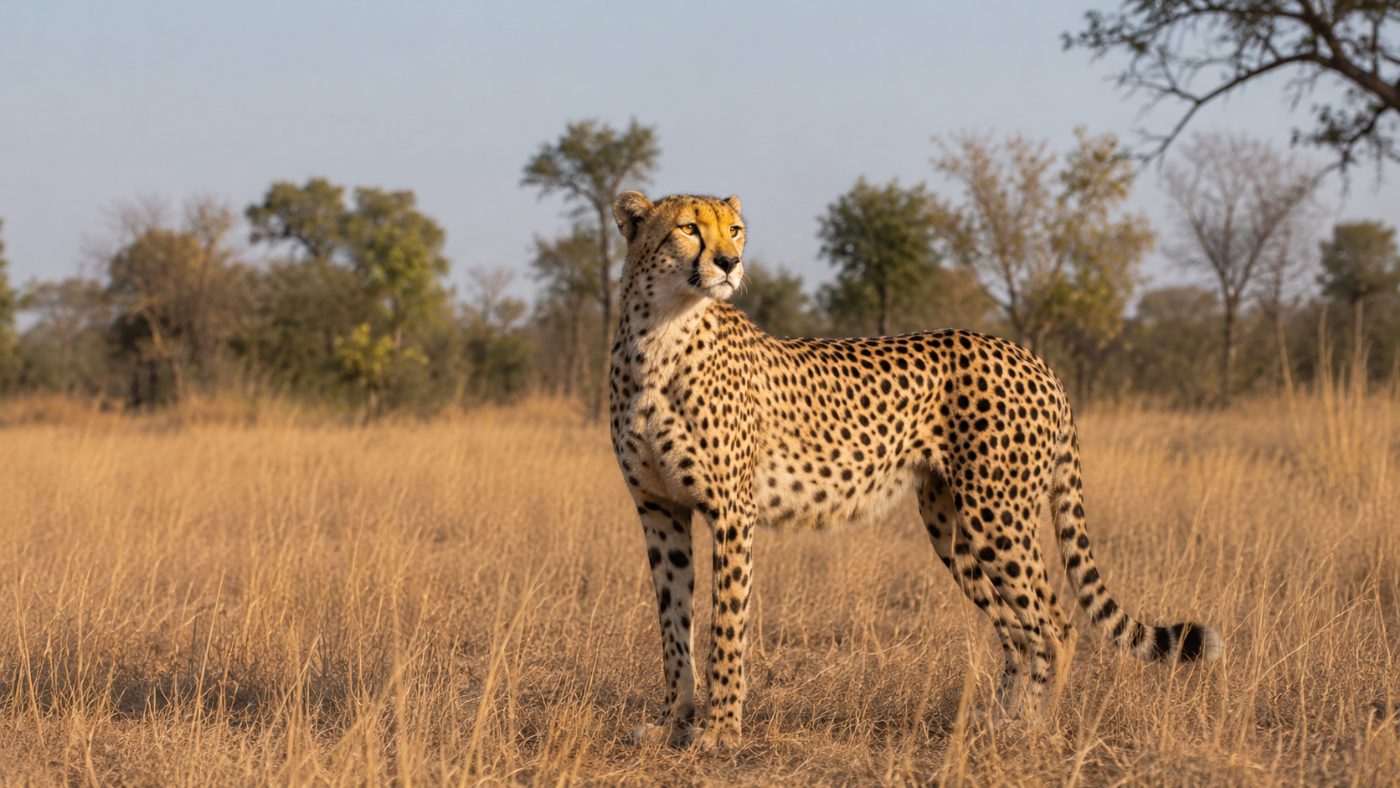 A single cheetah standing alert in tall dry golden grassland in India at warm light, scanning the horizon