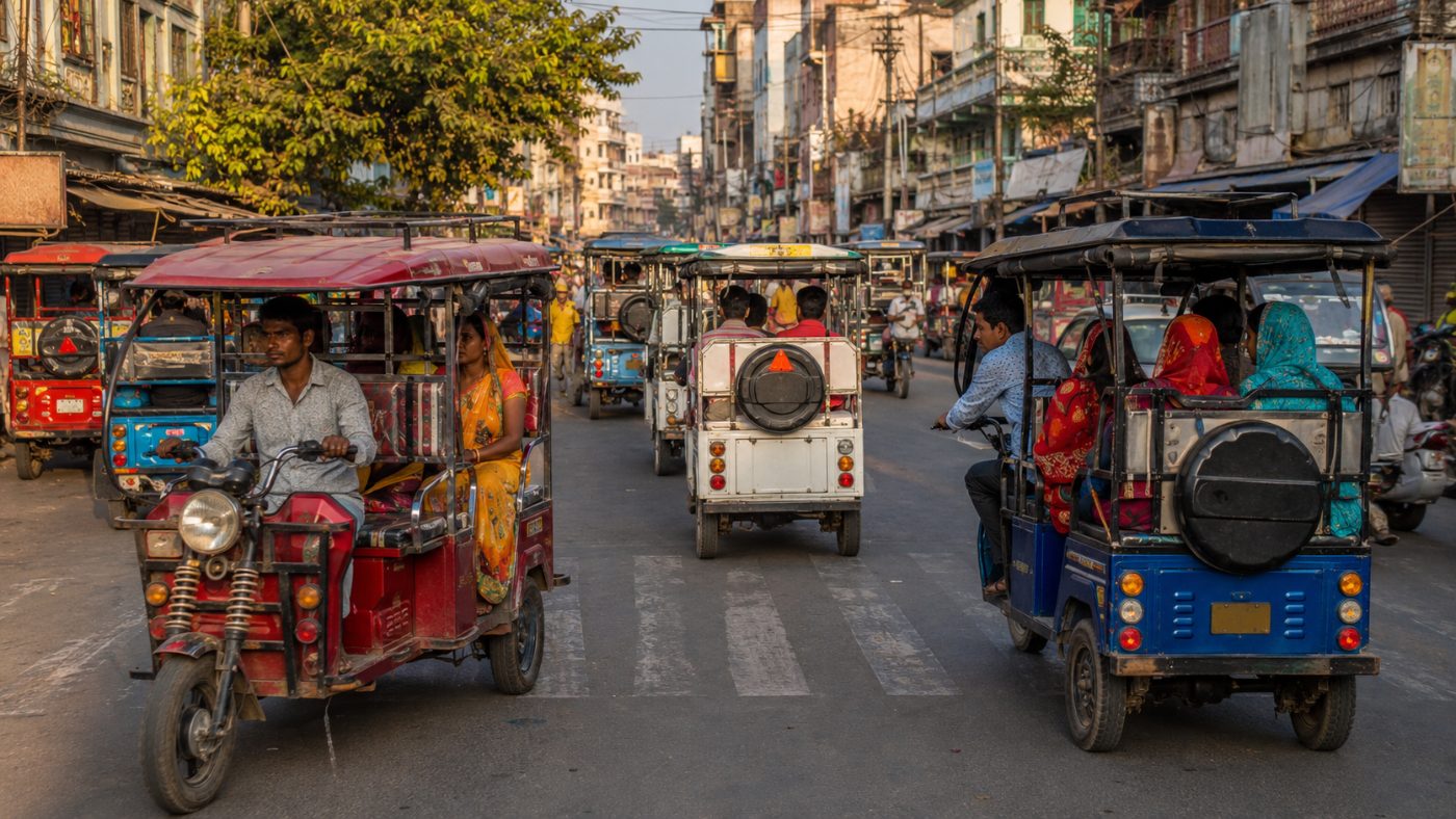 A busy Indian street crowded with colourful electric auto-rickshaws carrying passengers, drivers weaving through traffic in a dense city