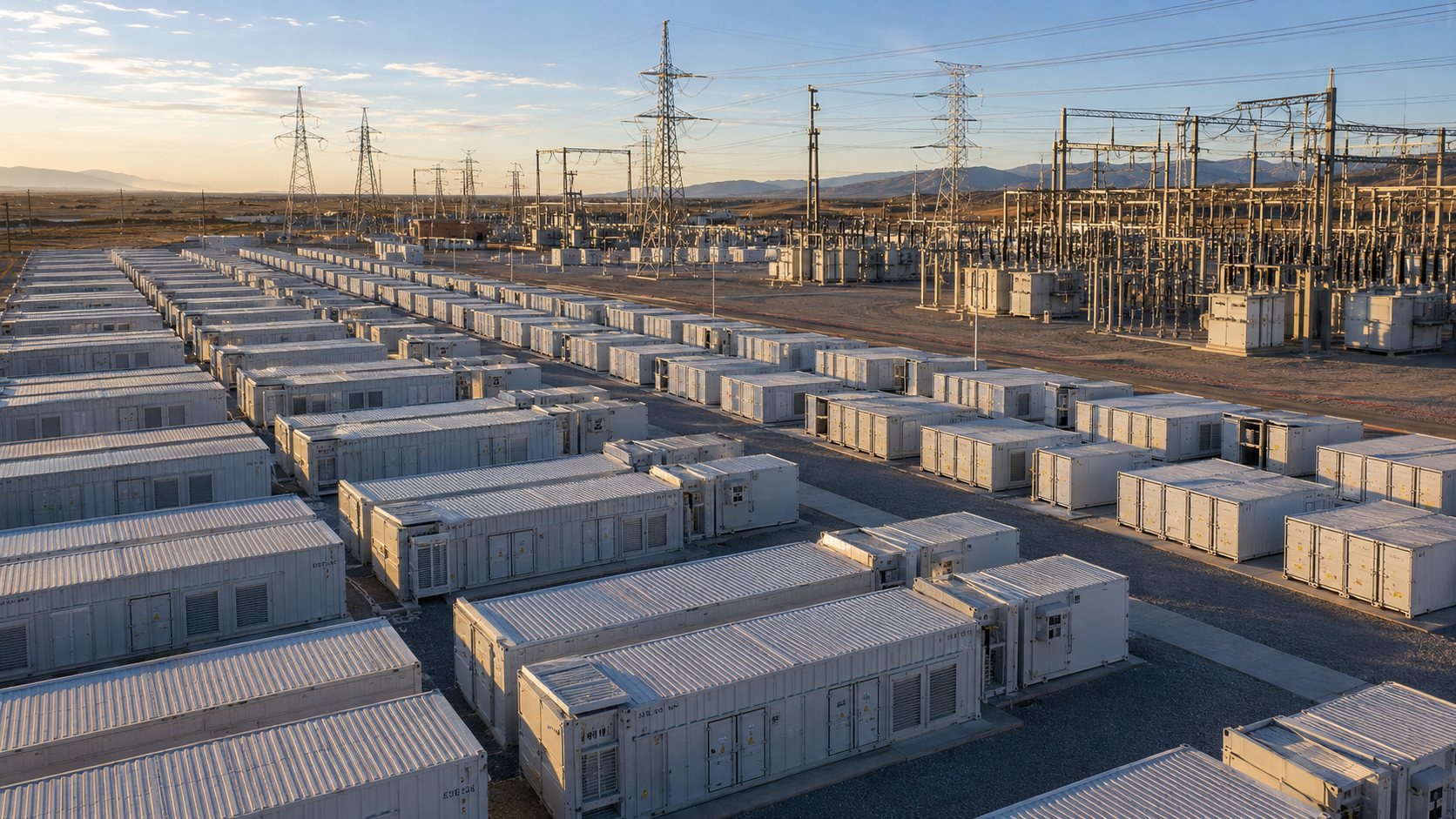 Grid-scale battery storage containers next to a substation