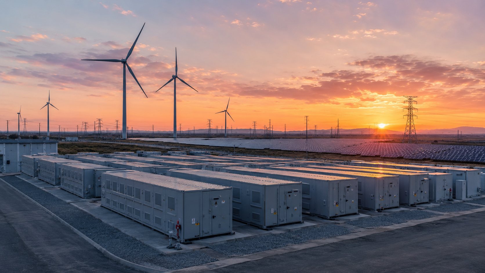Wind turbines and solar panels at dusk connected to a bank of battery storage containers in the foreground