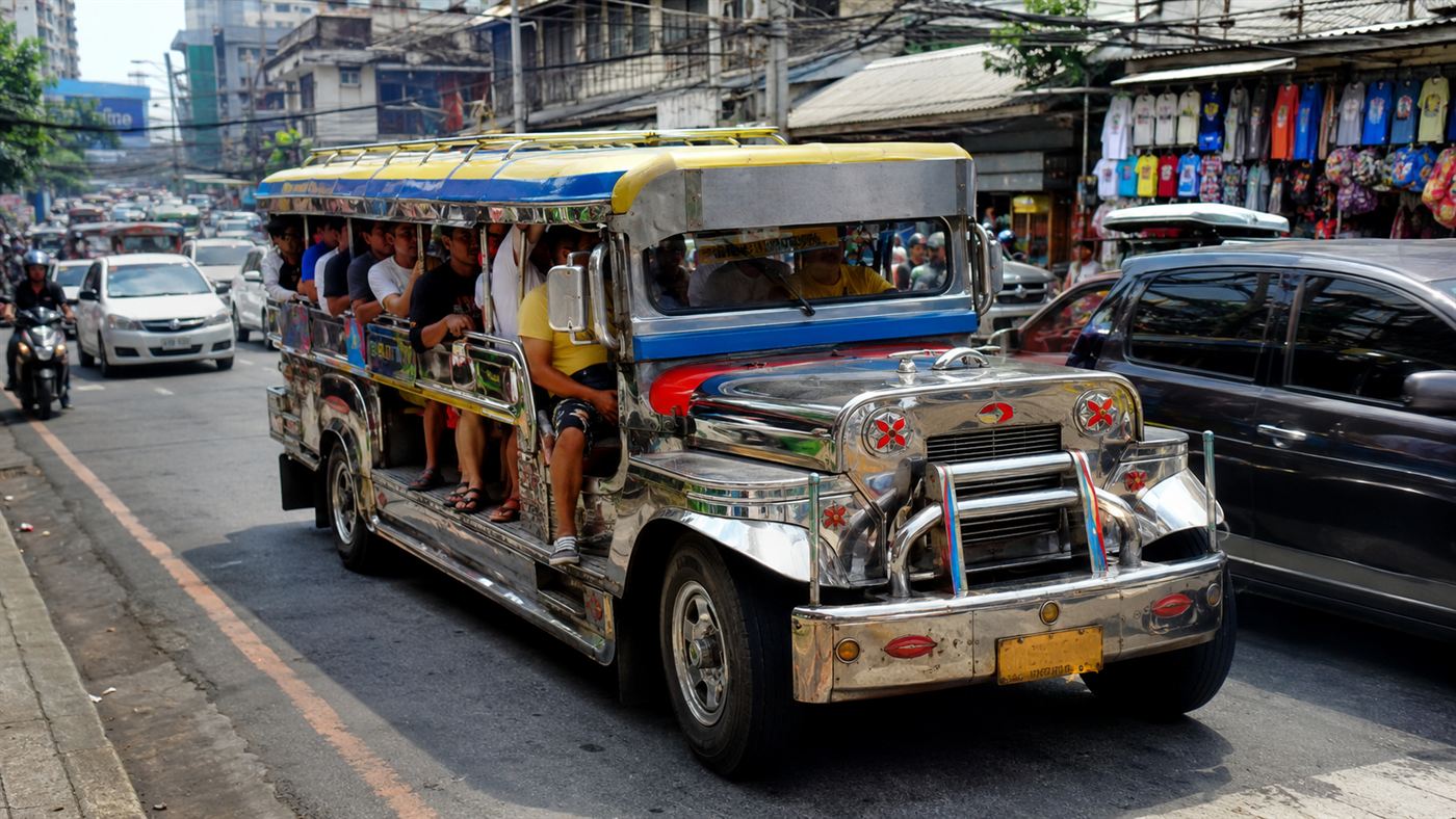 A brightly painted chrome traditional Filipino jeepney packed with passengers on a busy crowded Manila street, trailing diesel exhaust