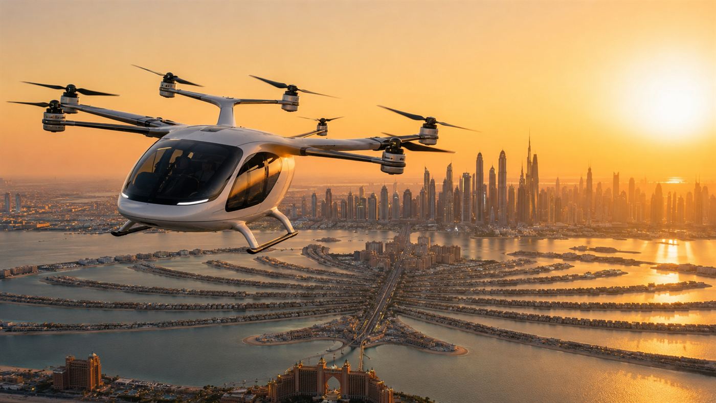 A sleek white electric air taxi with six rotors flying over the Dubai skyline and Palm Jumeirah at golden sunset