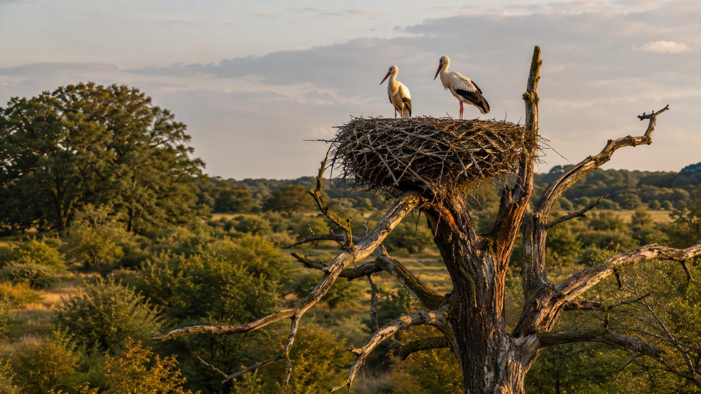 White storks standing on a huge stick nest built on top of a gnarled old oak tree, above wild scrubby meadow in golden evening light