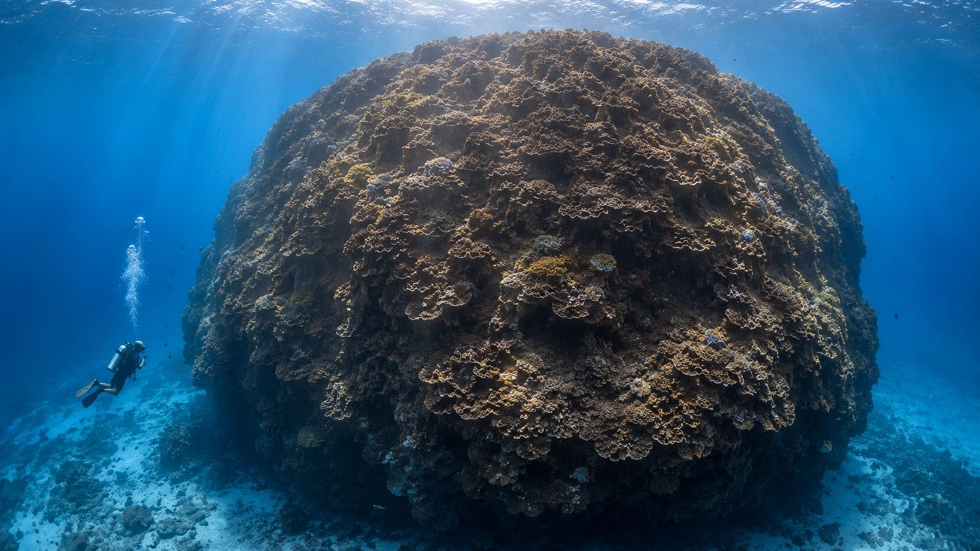 A colossal single coral colony the size of a building rising from the seafloor in clear blue water with a tiny scuba diver beside it for scale