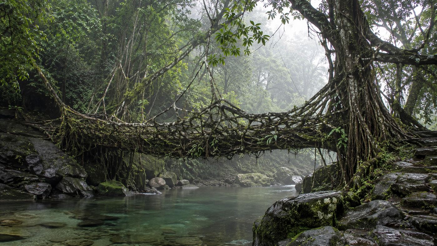 A living root bridge made of intertwined tree roots arching over a turquoise river in deep green jungle in Meghalaya, India