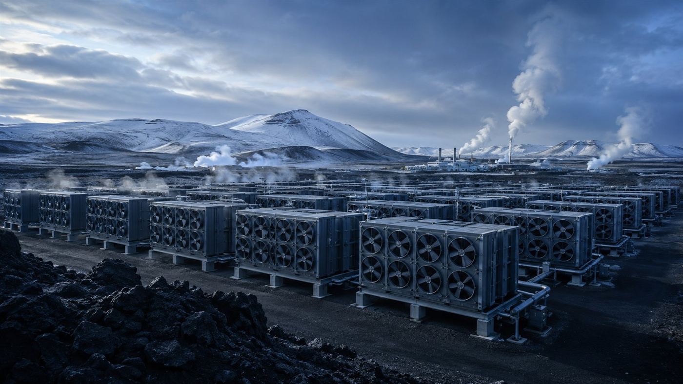 A vast modular direct air capture facility of stacked steel collector containers on a volcanic Icelandic plateau with steam rising in cold morning light