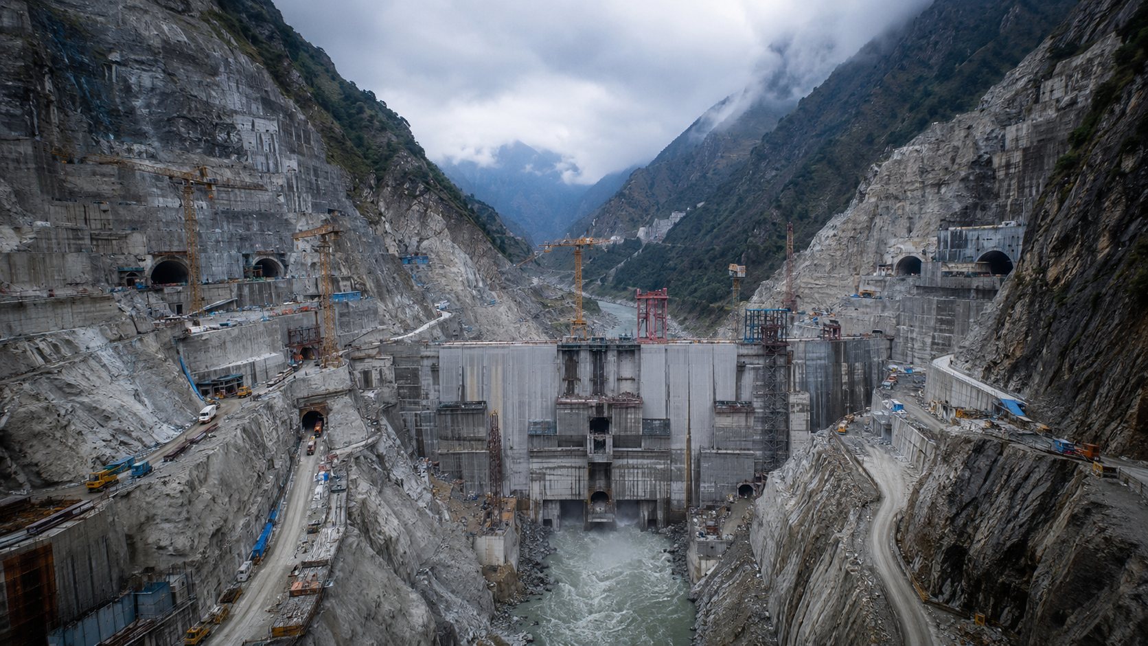 A colossal hydropower dam under construction in a steep Himalayan gorge