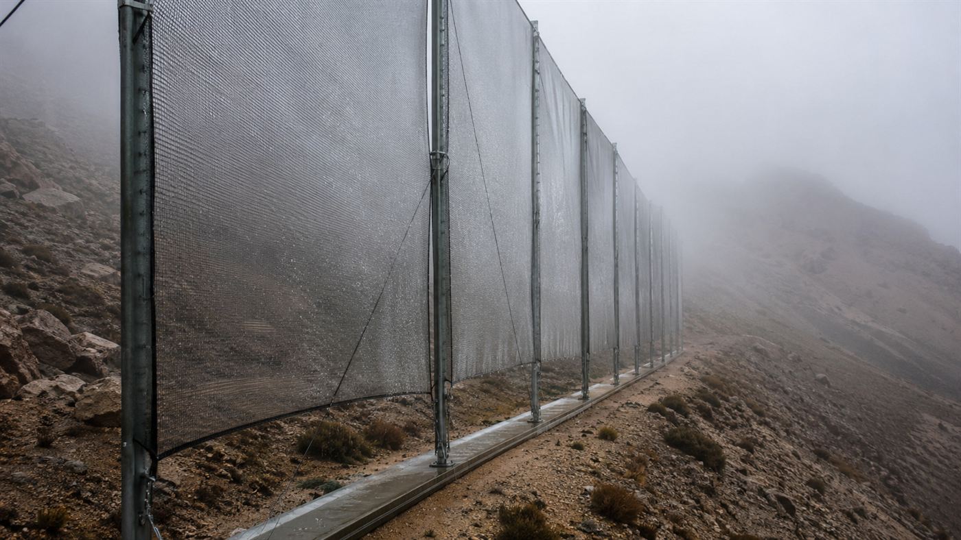 Tall vertical mesh fog-catching nets standing in a row on a misty, arid mountain ridge in Morocco, with cloud blowing through them and droplets collecting