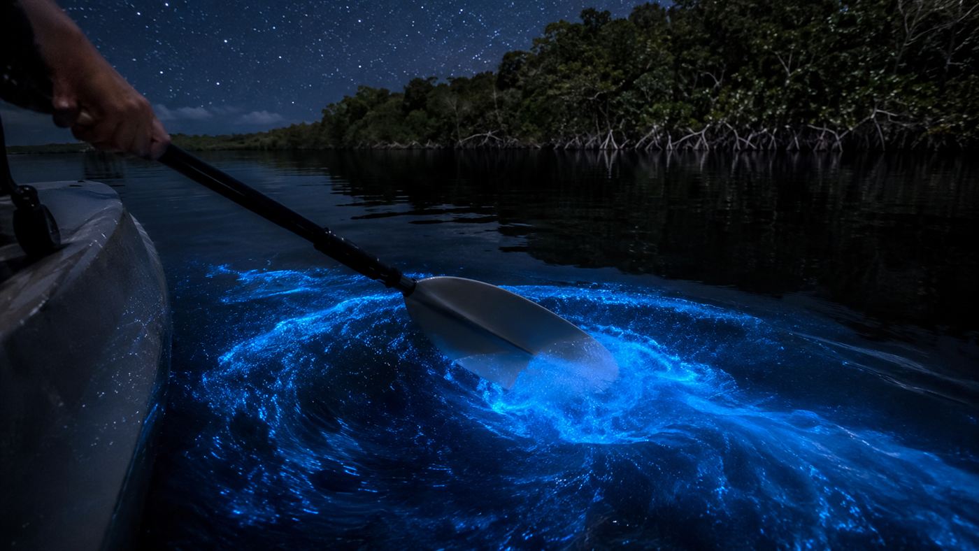 A kayak paddle dipping into dark night water that erupts in glowing electric-blue bioluminescence, with stars and a dark mangrove shore behind