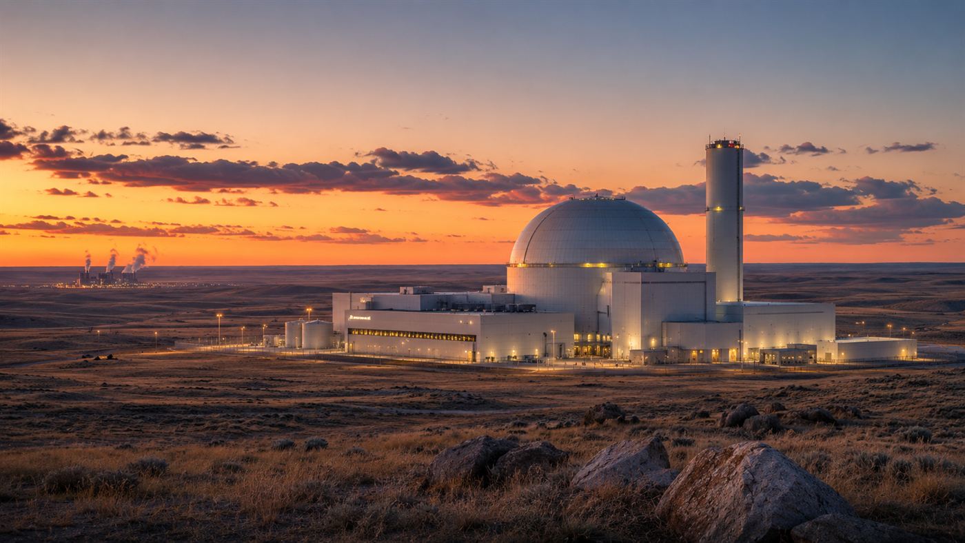 A modern advanced nuclear power plant with clean white buildings on a wide flat Wyoming plain at dusk, with an old coal power station faintly visible in the distance