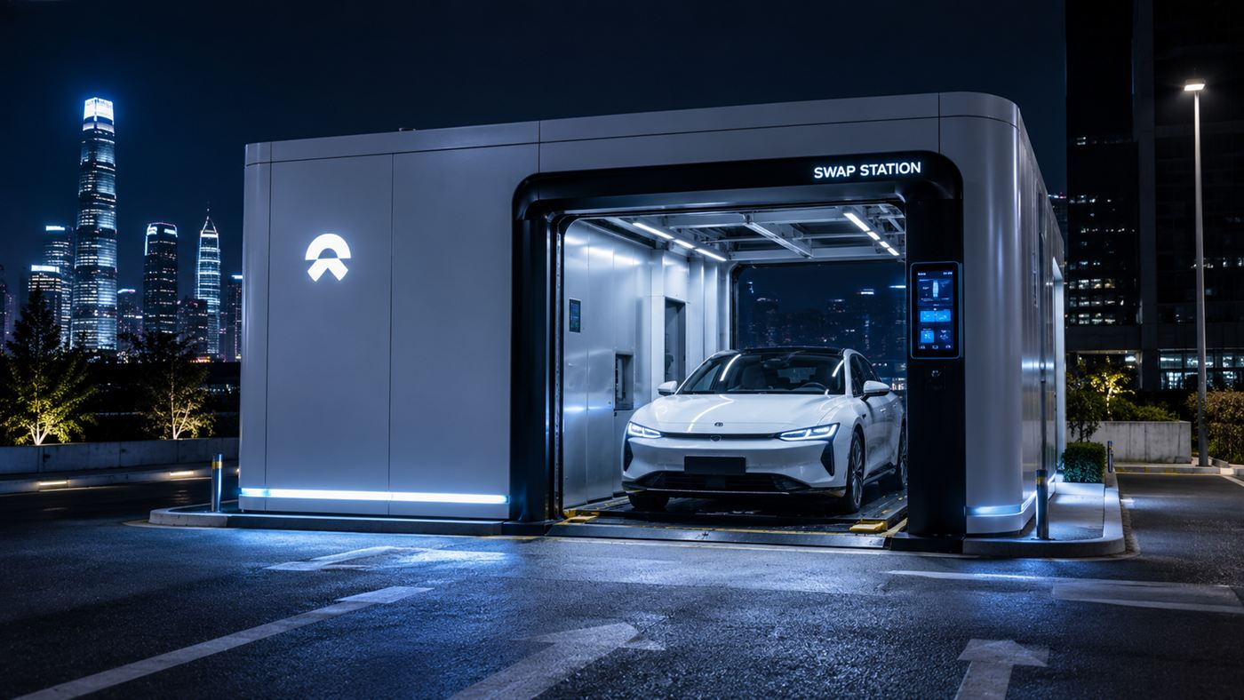 A sleek modern automated electric car battery swap station at night with a white electric sedan parked inside the bay and a city skyline behind