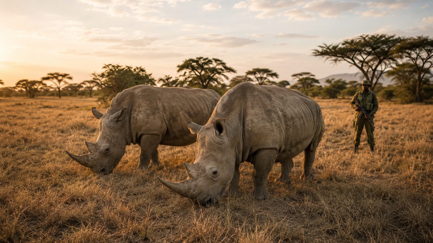Two white rhinos grazing on the open grassland of a Kenyan conservancy at golden hour, with an armed ranger standing watch in the background