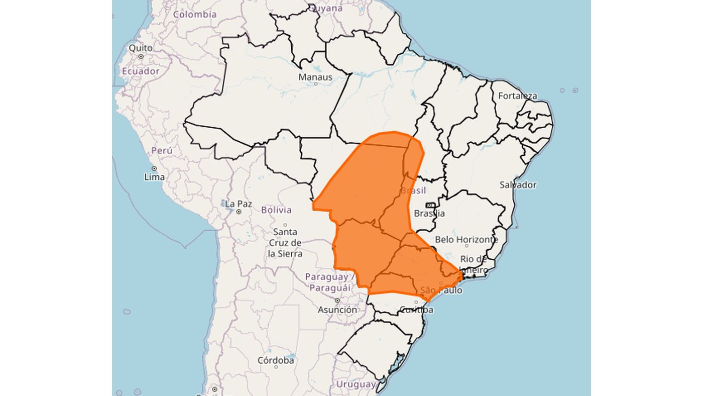 Mapa do Inmet com a área laranja de um aviso de onda de calor no Centro-Oeste e no Sudeste