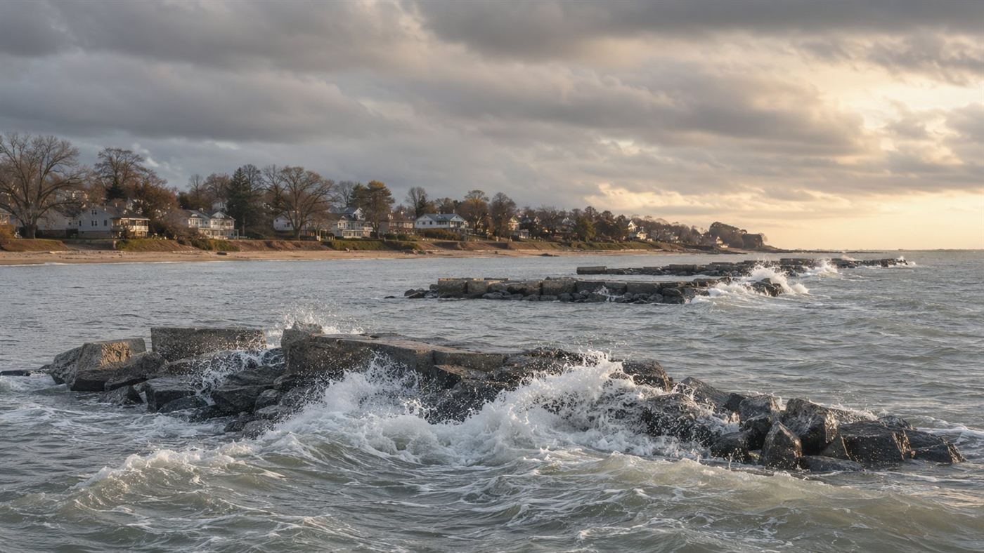 A chain of low partially submerged stone breakwaters running parallel to a sandy Staten Island shoreline with a storm swell breaking against them