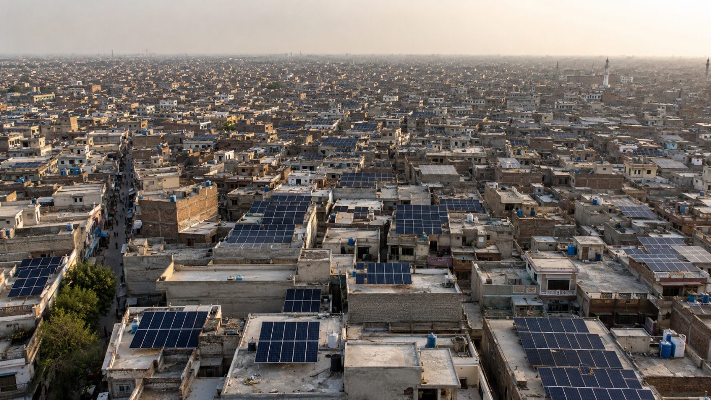 A dense Pakistani city rooftop scene where flat concrete roofs are covered with rows of solar panels under a bright hazy sky