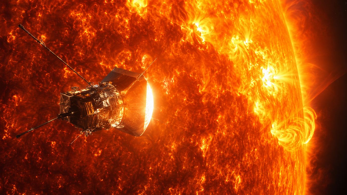 A small spacecraft with a glowing white heat shield flying close to the enormous fiery orange surface of the Sun, with swirling solar plasma in the background