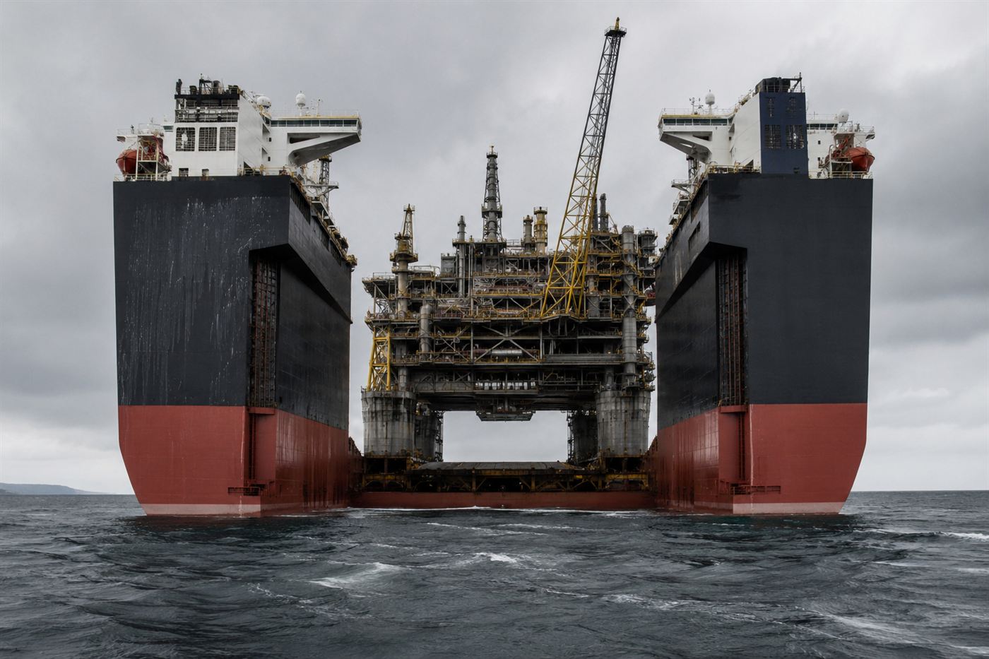 An enormous twin-hull construction ship at sea with a deep slot in its bow closing around the deck of an offshore oil platform