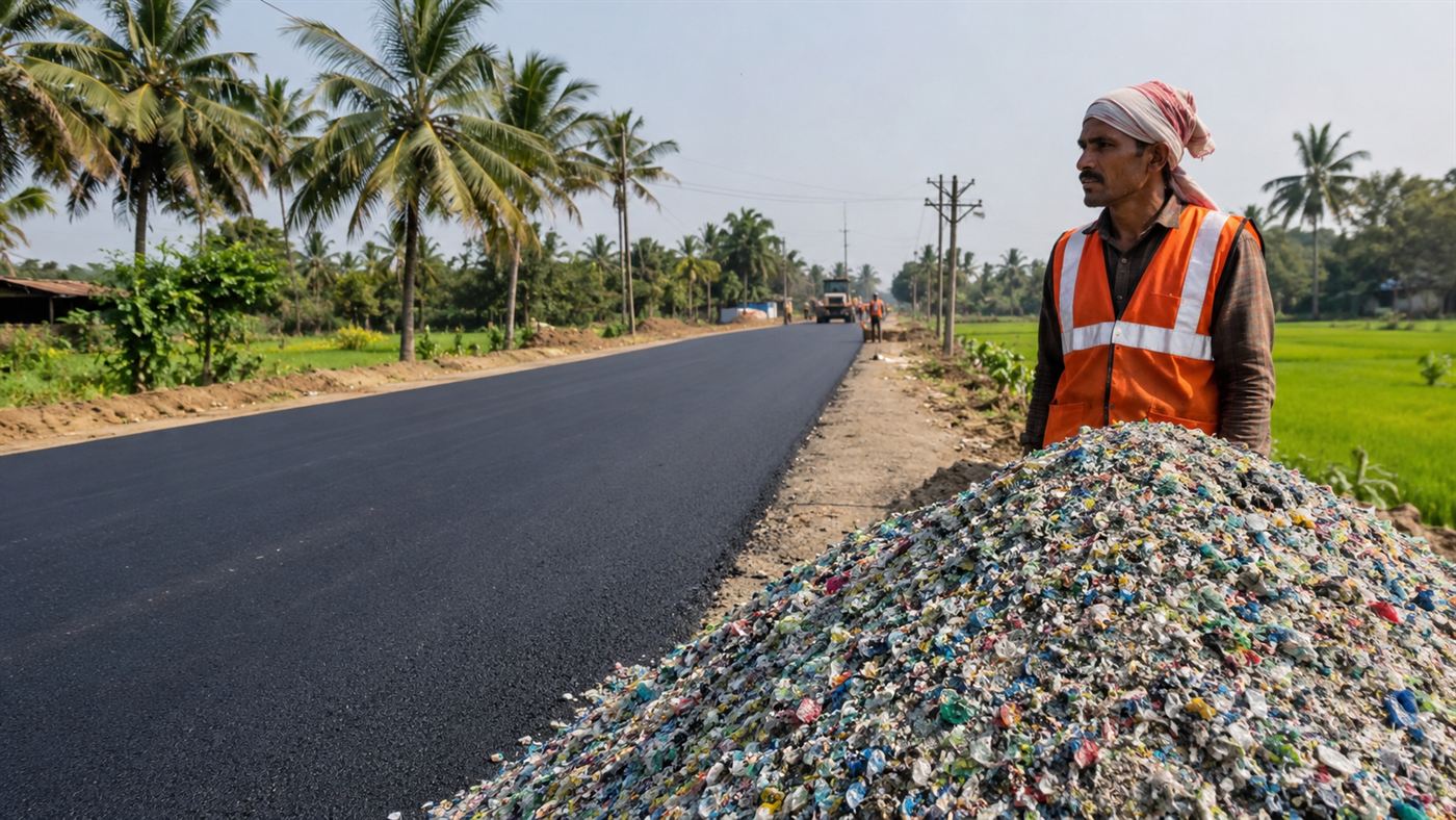 A smooth new black tar road stretching through an Indian rural landscape, with a road worker beside a heap of shredded colourful plastic waste
