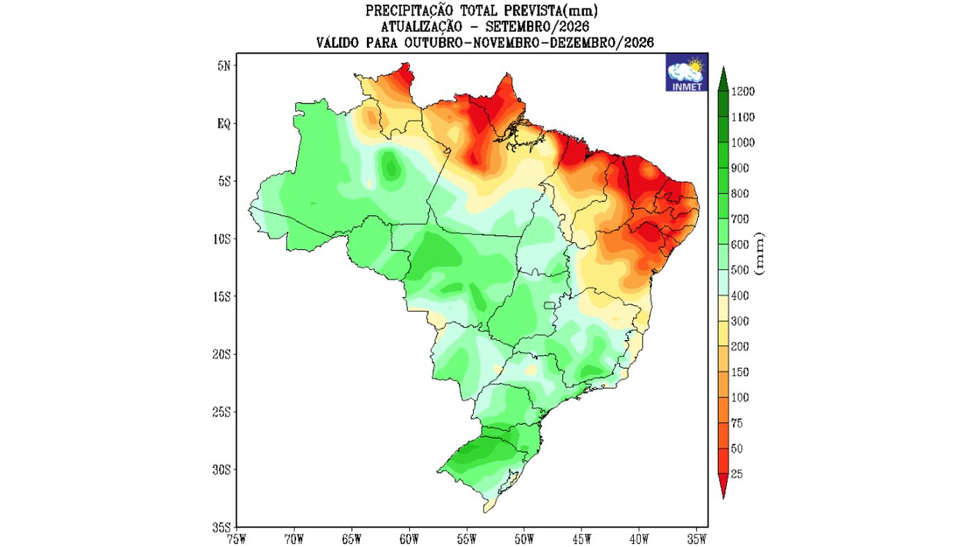 Mapa do Inmet com a chuva total prevista para outubro, novembro e dezembro de 2026 no Brasil