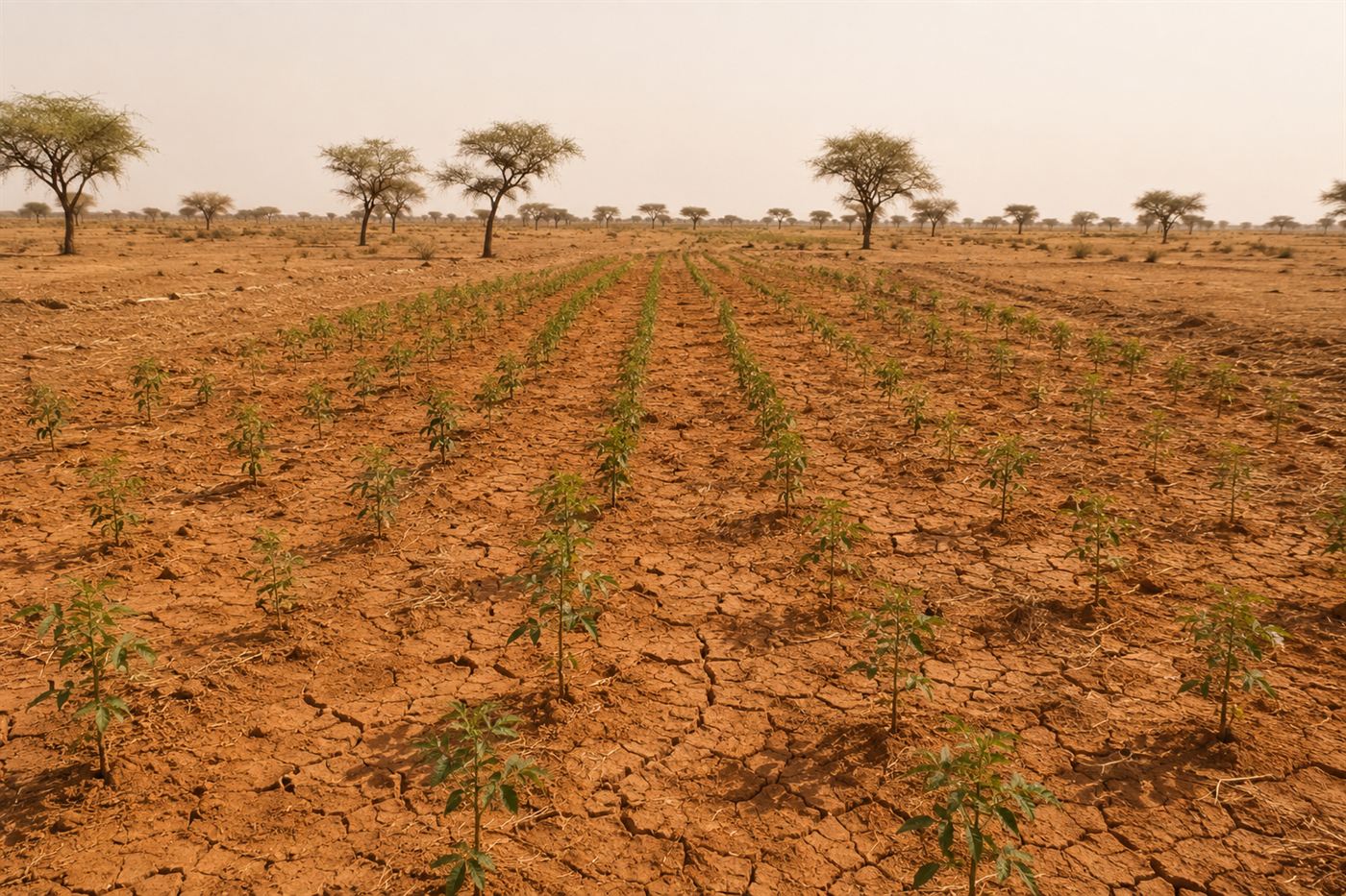 Rows of young tree saplings growing in dry cracked reddish soil in the Sahel with sparse acacia trees in the distance